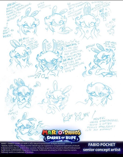 Concept art sketches of Midnite in Mario + Rabbids Sparks of Hope, drawn by Fabio Pochet