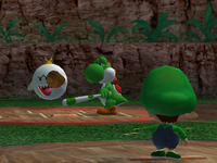 Baby Luigi confronts Yoshi in Mario Superstar Baseball