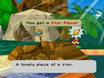 Mario getting the Star Piece behind the rock in from of the inn in Keelhaul Key in Paper Mario: The Thousand-Year Door.