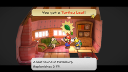 Mario getting a Turtley Leaf from Kroop in Petalburg of Paper Mario: The Thousand-Year Door for Nintendo Switch.