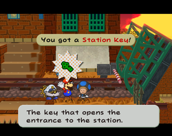 Mario near a Station Key from a station worker in Riverside Station of Paper Mario: The Thousand-Year Door.