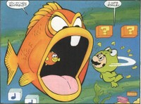 Frog Mario meeting Bertha in the Super Mario Bros. comic "Love Flounders."