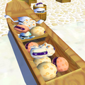 A boat with many white, cream, and orange Bloopads