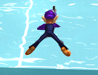 Waluigi using the Swimming Return in Mario Power Tennis