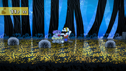 Mario getting a Coin from a bush in The Great Tree of Paper Mario: The Thousand-Year Door for Nintendo Switch.