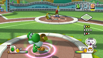 Yoshi prepares to pitch in Mario Super Sluggers.