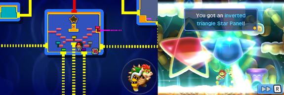 Mario and Luigi picking up the inverted triangle Star Panel in Energy Hold of Mario & Luigi: Bowser's Inside Story + Bowser Jr.'s Journey.