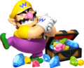 Wario and a treasure chest filled with gems