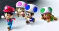 Artwork of several Miis dressed as Mario and Toads