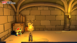 Mario in front of a crate containing a Coin in Princess Peach's Castle of The Origami King.