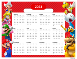 Toad, Princess Peach, Luigi, and Mario on the left side. Koopa Paratroopa, Boo, Kamek, and Bowser on the right. Characters on red background