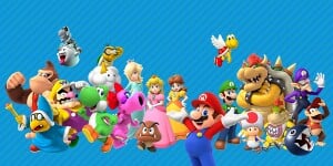 Group picture of various Super Mario characters shown at the end of the Mushroom Kingdom pop quiz