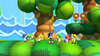 Sonic alongside assorted Yoshis in Yoshi's Island Zone.