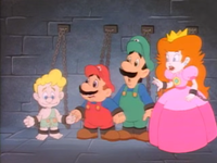 Mario, Luigi, Princess Toadstool and Oogtar the Caveboy trapped in Wizenheimer's Castle.