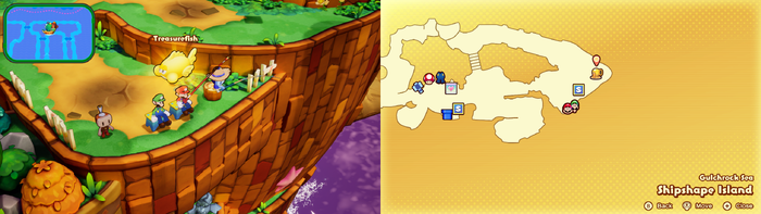 Mario fishing out a Treasurefish on Shipshape Island of Mario & Luigi: Brothership.