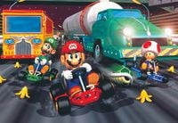Artwork of Mario, Luigi, and Toad racing on Toad's Turnpike in Mario Kart 64