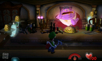 Luigi encounters Mr. Luggs in the Dining Room of Luigi's Mansion for the Nintendo 3DS.