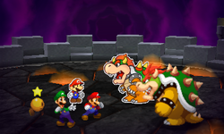 Mario, Luigi, and Paper Mario meeting Bowser and Paper Bowser for the final battle in Mario & Luigi: Paper Jam.