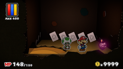 Mario near a Heart and 5 colorless Snifit Battle Cards (of each color type) in Mustard Café of Paper Mario: Color Splash.
