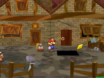 Mario getting the Star Piece under a hidden panel in front of Professor Frankly's house in Rogueport in Paper Mario: The Thousand-Year Door.