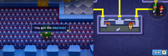 Bowser picking up the Blue Key from a destroyed Fafwulcopter in Peach's Castle of Mario & Luigi: Bowser's Inside Story + Bowser Jr.'s Journey.