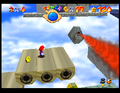 Mario running across large Donut Lifts in Super Mario 64.