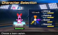 Birdo's stats in the baseball portion of Mario Sports Superstars