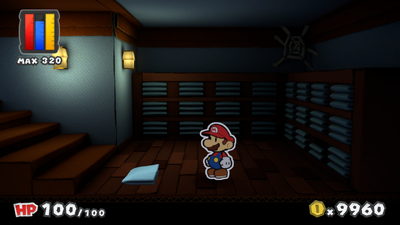 Mario near the Fresh Sheets in Dark Bloo Inn of Paper Mario: Color Splash.