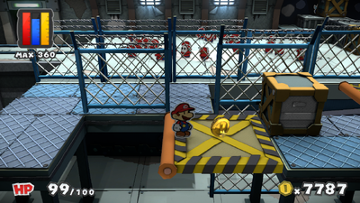 Mario near a Coin in Fort Cobalt of Paper Mario: Color Splash.