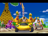 Toadsworth, driving Grand Prix winners Koopa Troopa and Paratroopa on a parade through Peach Beach.