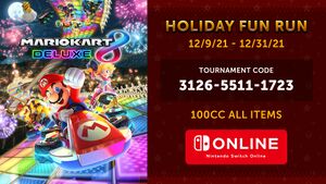 Promotional image for the Mario Kart 8 Deluxe Holiday Fun Run tournament
