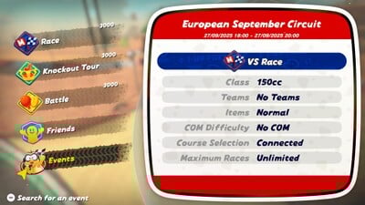 Screenshot of the European version of Mario Kart World showcasing the "Events" tab from the "Online Play" menu, with details of the European September Circuit event on display