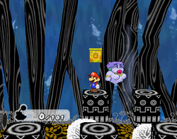 Mario next to the Shine Sprite in the room below the Super Boots area of the Great Tree.