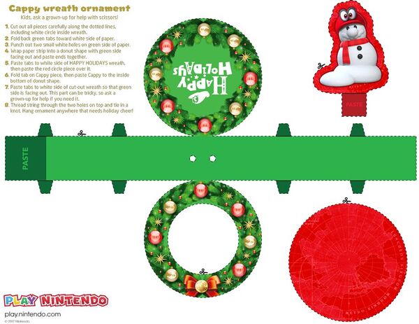 Printable sheet for a Super Mario Odyssey-themed holiday decoration featuring Cappy
