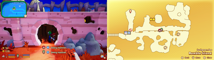 Mario and Luigi near 5 Coins on Rumbla Island of Mario & Luigi: Brothership.