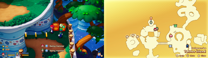 Mario and Luigi near wooden crates containing a Coin on Twistee Island of Mario & Luigi: Brothership.