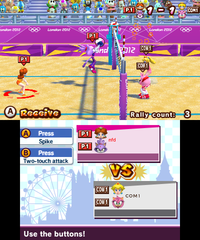 Horse Guards Parade as a Beach Volleyball venue in the Wii version (top) and the Nintendo 3DS version (bottom)