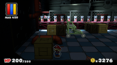 Mario near a crate containing Big Hammer and Big Hammer x2 Battle Cards in Black Bowser's Castle of Paper Mario: Color Splash.