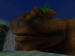 The stone Wizpig head at the center of Timber's Island in Diddy Kong Racing