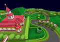 Overhead of an early Mario Circuit. Not seen in the final version is the large pipe, and this version also has three extra trees by the starting line.