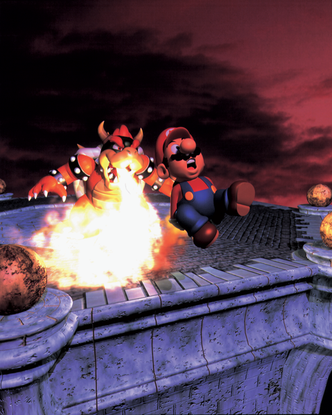 File:Mario and Bowser Fire Artwork (alt) - Super Mario 64.png