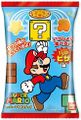Packaging for a pizza-flavored snack featuring 2D artwork of Mario jumping