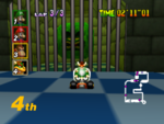 The caged Thwomp, which appears green due to the lighting