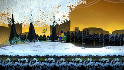 Mario getting the Star Piece in a tree in the last scene of Boggly Woods in the remake of the Paper Mario: The Thousand-Year Door for the Nintendo Switch.