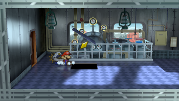 Mario getting the Star Piece under a hidden panel in the conductor's room of Excess Express in the remake of the Paper Mario: The Thousand-Year Door for the Nintendo Switch.