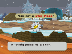 Mario getting the Star Piece behind the south wall of the first room of Fahr Outpost in Paper Mario: The Thousand-Year Door.