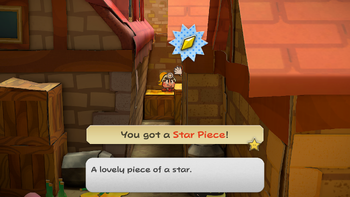 Mario getting the Star Piece on the crate behind the left walls in east Rogueport in the remake of the Paper Mario: The Thousand-Year Door for the Nintendo Switch.