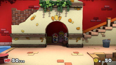 Mario near a crate containing 5 Coins in Port Prisma of Paper Mario: Color Splash.