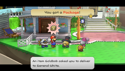 Mario getting the Package from Goldbob in Poshley Heights of Paper Mario: The Thousand-Year Door for Nintendo Switch.