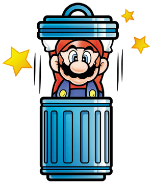 Artwork of Mario in a garbage can, from Super Mario Advance